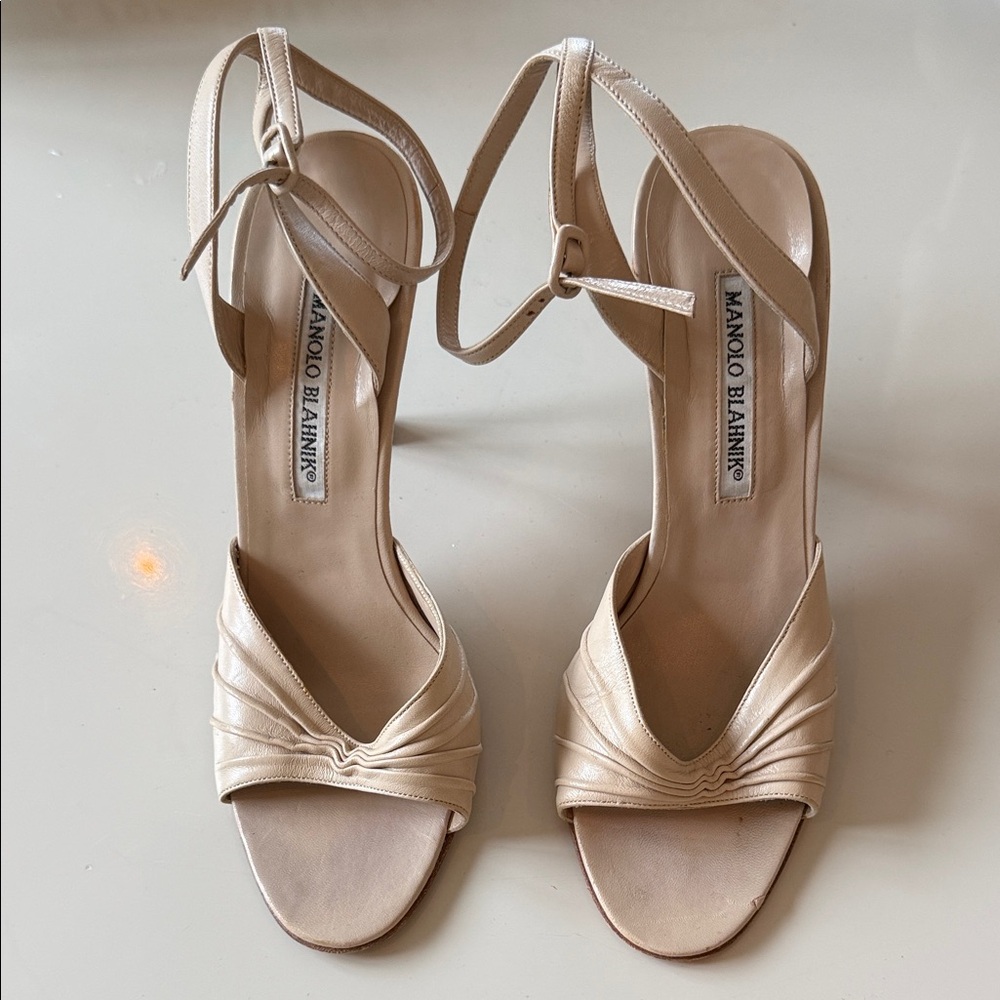 Manolo Blahnik Nude Leather Open-Toe Heels with Ankle Strap